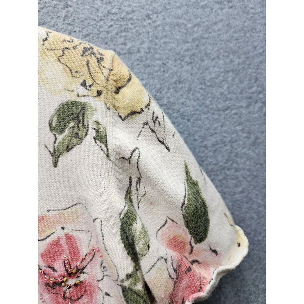 Alfred Dunner Petite Floral Knit Sweater PL Cream Short Sleeve Beaded 55% Ramie - Picture 4 of 6